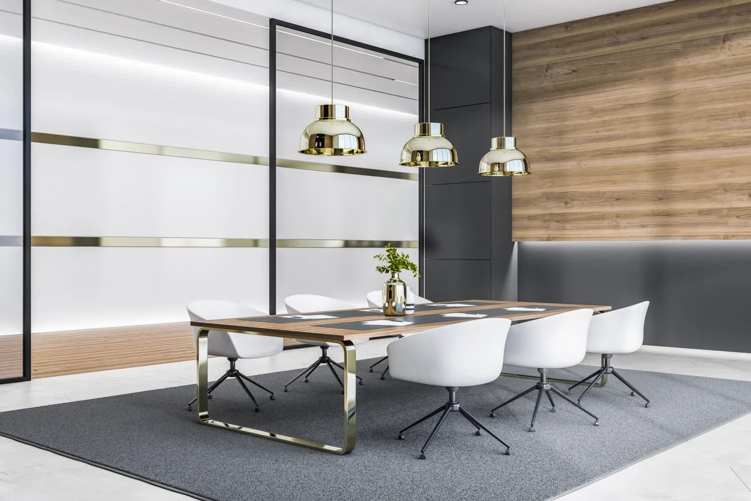 Druckwelt - Tuncay Denizci, Moderner Besprechungsraum aus Beton und Holz mit Möbeln, Glaswänden und Teppich. 3D-Rendering.